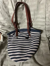The Sak Crochet Blue/cream Stripe 2 Handled Bag With Tag
