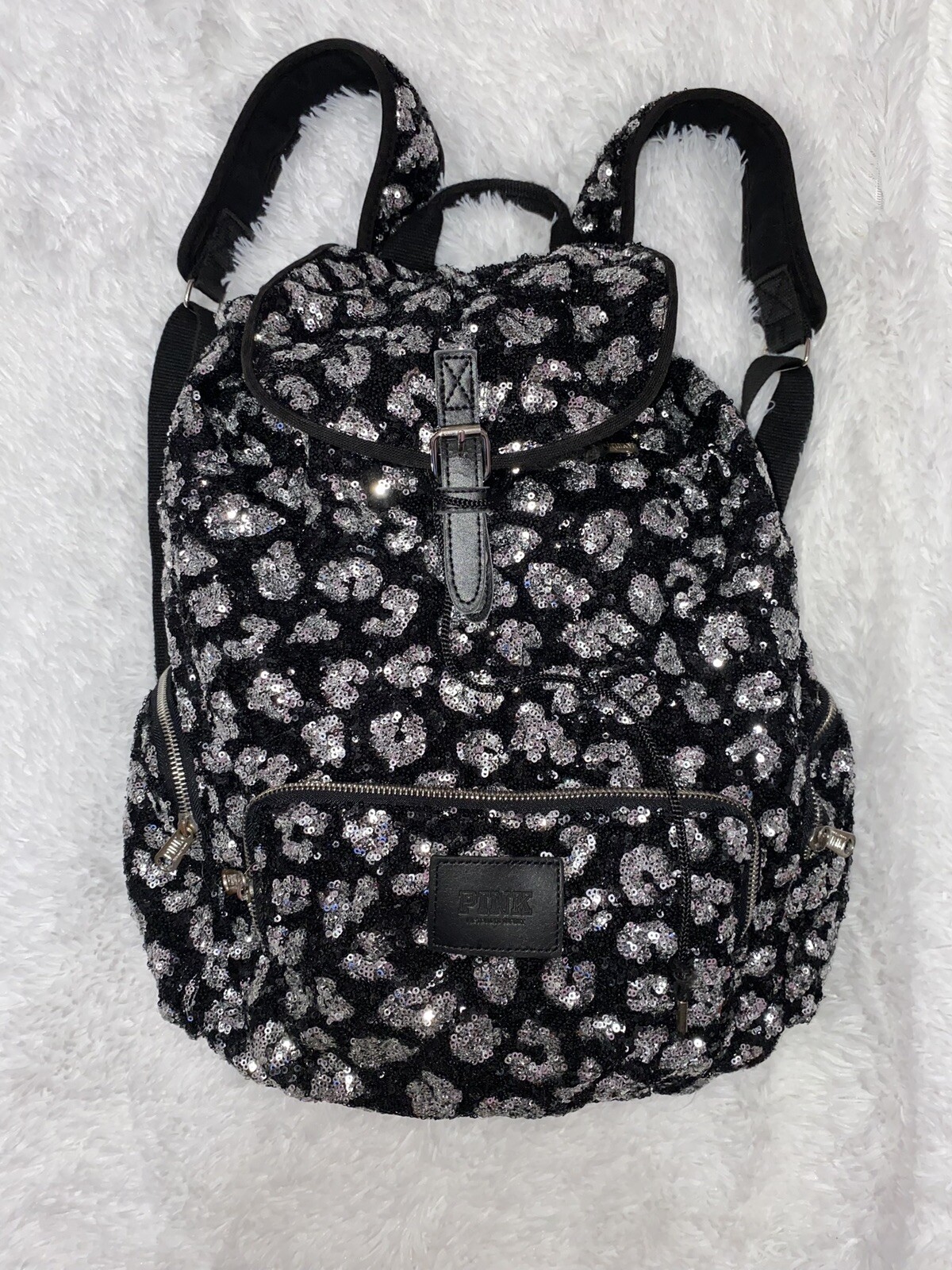 Victoria’s Secret PINK Sequin Silver Bling Cheetah Print BookbagRARE