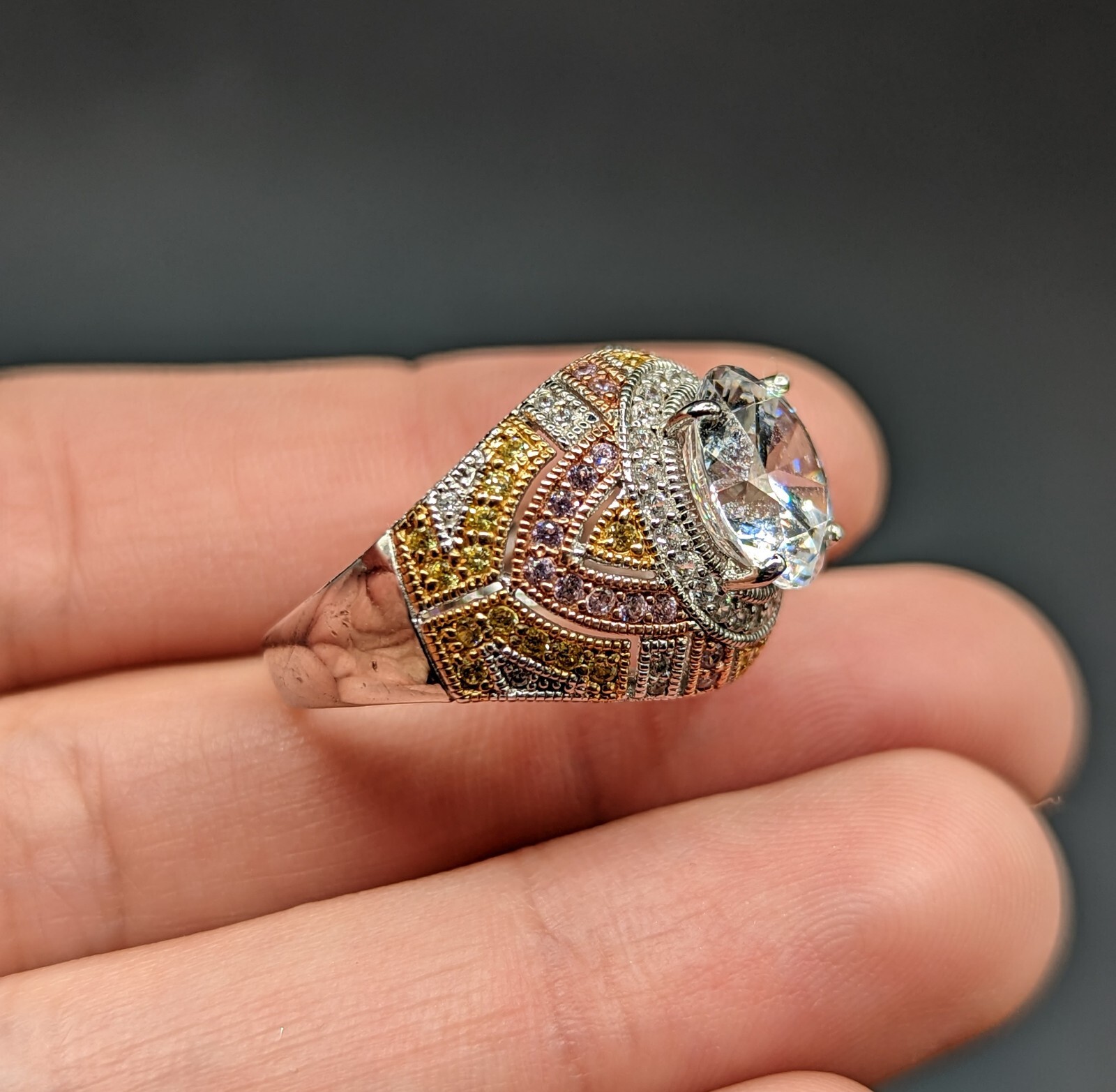 Sterling Silver Statement Multicolor CZ Pave Cock… - image 3