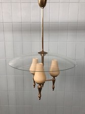 Lampadario Vintage anni 50 In Ottone E 3 Punti Luce In Vetro Incamiciato