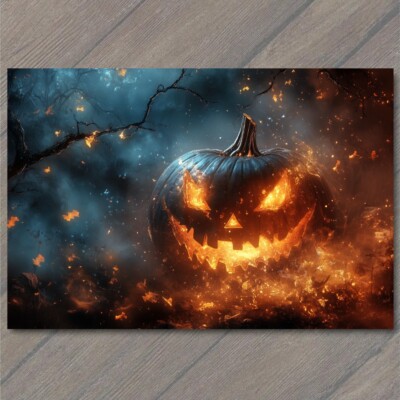 POSTCARD Halloween Jack O Lantern Scary Fire Haunted House Spooky Glow Pumpkin