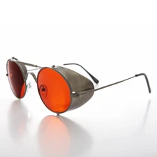 Gunmetal Steampunk Sunglass with Folding Side Shields Red Lens - Bram 