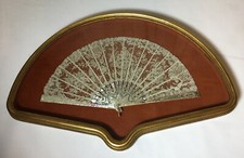 Antique25.5 Victorian Mother Of Pearl Lace Hand Fan In Gold Shadow Box Diamond