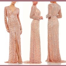 NEW Mac Duggal 4 Embellished Front Slit Long Sleeve Gown Rose Gold J48