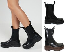 Womens Mid Calf Chelsea Boots Ladies Pull On Elastic Chunky Platform Sole Shoes