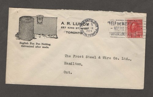 A. R. LUNDY, TORONTO ON CORNER COVER - 1924 - GALVANIZED FOX PEN NETTING