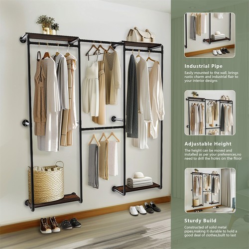 Industrial Pipe Clothing Rack w/ Shelves Adjustable Corner Garment Rack Wardrobe - Picture 12 of 14