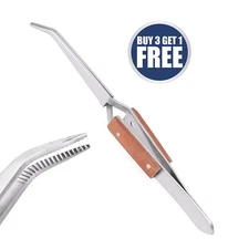 Fiber Grip Tweezers Cross Locking Reverse Action Curved Tip Stainless Steel