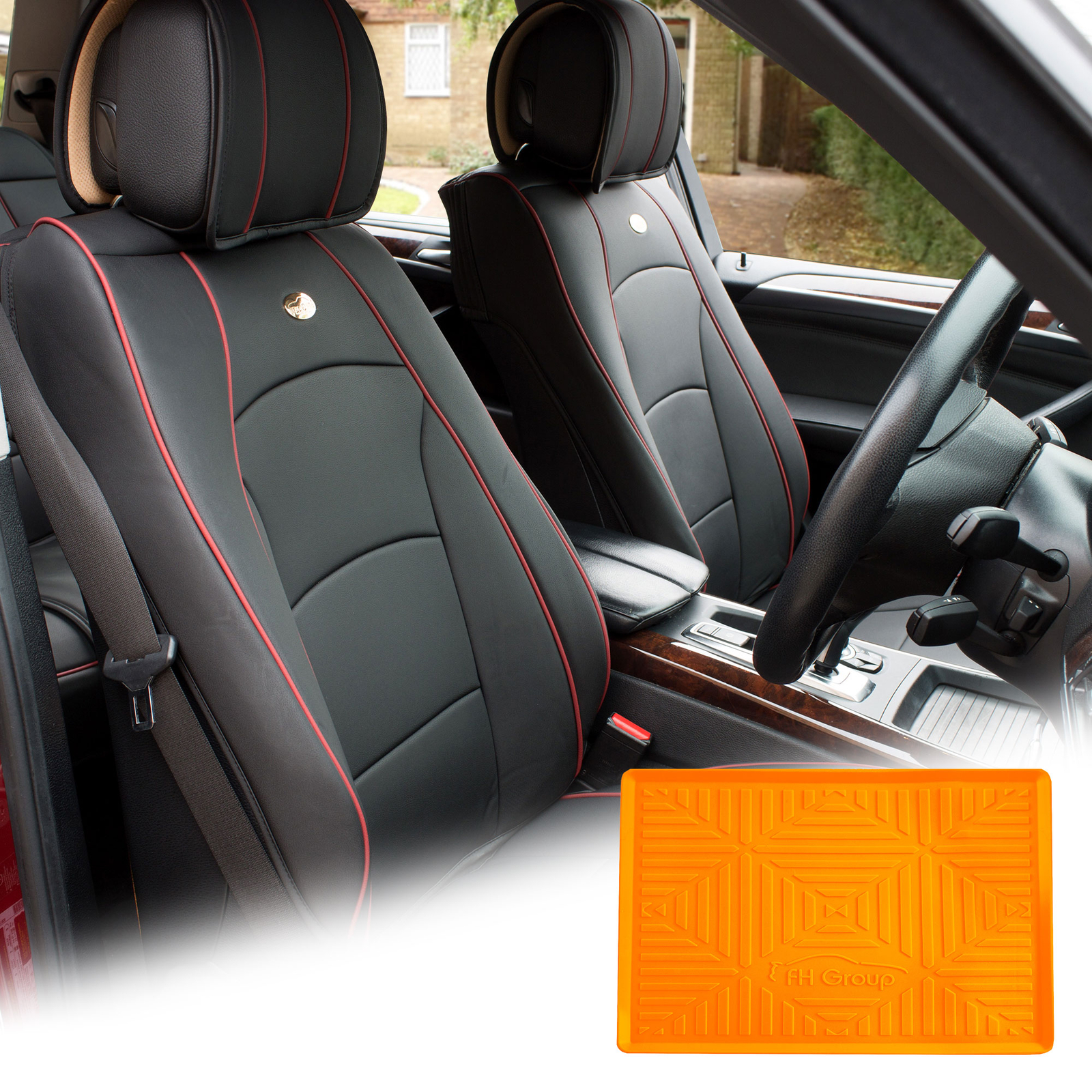 Leatherette Seat Cushion Covers Front Bucket Black w/ Orange Dash Mat For Sedan