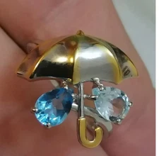 Silver Topaze Gold Plated Chic Ring size 17.5 Umbrella  Skai Blue Topazes Swess