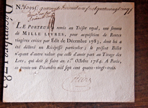 BILLET AU PORTEUR  DE 1000 livres  de 1783 - Afbeelding 1 van 1