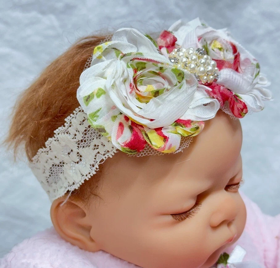 Headband, Lg Flowers, Floral, Pearls/Rhinestones, Lace, Pink/Cream, 14" HP012 - Image 3 of 4