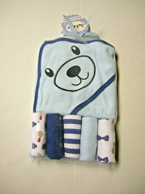 Hooded Towel & Washcloth In Tuelle Bag By Sweet & Soft, Blue, Bear Design, New
