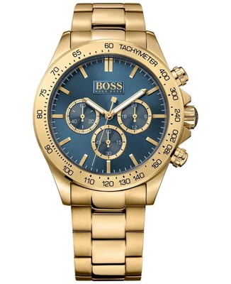 New HUGO BOSS HB1513340 Ikon Gold Strap Blue Dial Chronograph Mens Watch 44mm