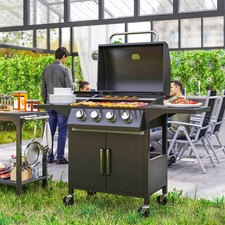 Image of Outdoor 4 Burner Gas Grill Barbecue Trolley 11.6 kW with Warming Rack, Shelves