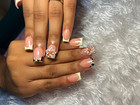 Short Square French Full Cover Press-On Nails Pink White Black Floral — photo 1
