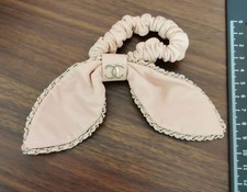 Chanel Leather Scrunchie Pink Gold Ribbon Hair Accessory Vintage CC Logo Elastic