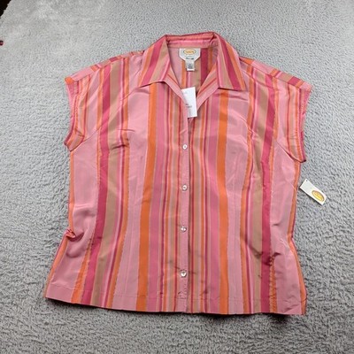 Talbots Top Womens 16 Pink Orange 100% Silk Button Up Bright Spring NWT