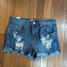 Almost Famous Womens Distressed Denim Cut Off Shorts Medium Wash Stretch Size 3