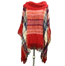 Love by Design Plaid Cowl Neck Fringed Poncho Sweater Red Blue & Tan One Size