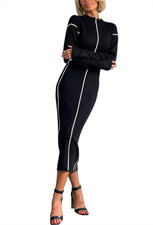 Women Long Sleeve Striped Sweater Midi Dress Ribbed Knit Slim Dress Tank Dresses