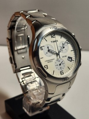 TIMEX Chronograph INDIGLO White Dial Stainless Steel Watch 37mm WR50M New Batt