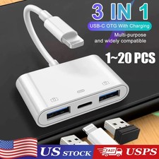 For iPhone to dual USB 3.0 Camera OTG Adapter with Charging Port for iPad lot
