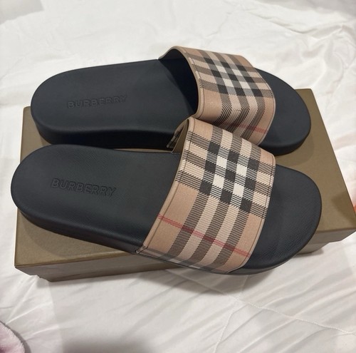 Burberry Men’s Black/Beige Check Leather Slide Sandals Open Toe Size IT 43 US 10