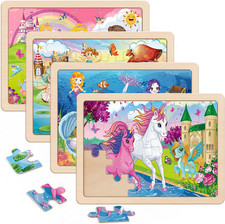 Wooden Puzzles for Kids Ages 4-6, 4 Packs 24 PCs Unicorn Mermaid Princess Fairy