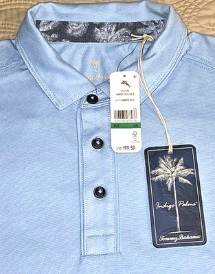 NEW by TOMMY BAHAMA, MEN'S LARGE, HARBOR ISLES CHAMBRAY BLUE POLO, MSRP $99.50!