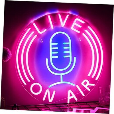 Live On Air Neon Sign Microphone Neon Light Signs for Wall Decor Live Pink+Blue