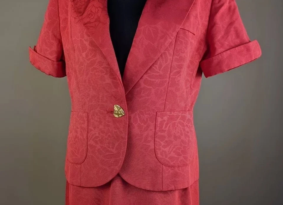 Traje Falda Roja Yves Saint Laurent Vintage Jacquard Floral Blazer Falda Midi 10 Foto 3 de 4