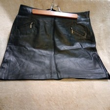 Attention Black Genuine Leather Mini Skirt Zipper Pockets Size 14 Biker Edgy