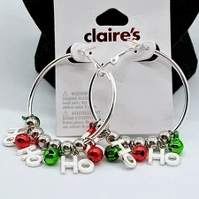 Claire's Silvertone Large Hoop Enameled Ho Ho Ho Christmas Pierced Earrings