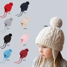 Chunky Knit Winter Beanie Hat With Pom Braided Ties For Kids In Multiple Color