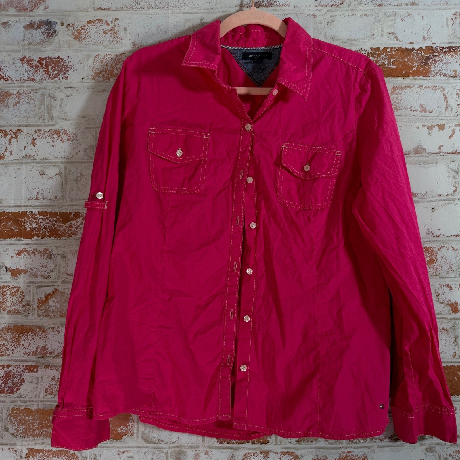 Tommy Hilfiger Button Down Shirt Womens L Pink Excellent Roll Tab Sleeve Cotton