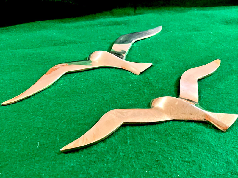 Vtg 2 Brass Seagull Wall Hangings Decor Sculpture MCM Coastal Nautical Birds