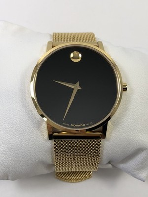 Movado Museum Classic Quartz Black Dial Gold Tone Men's Mesh Band Watch 0607396