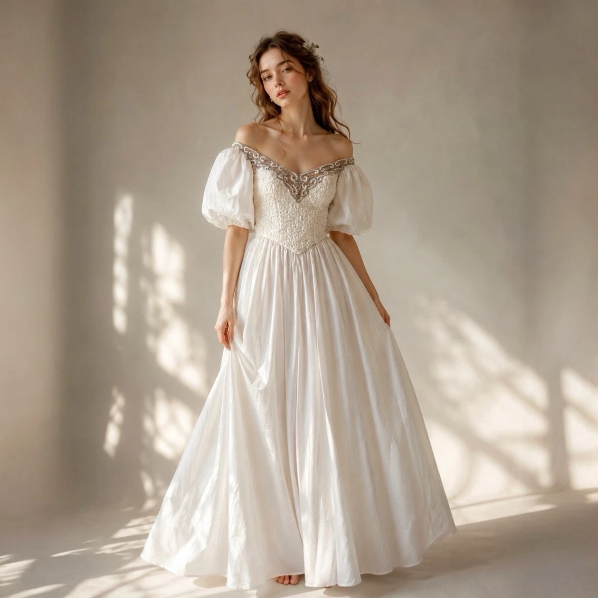 next day shipping formal dresses 1950's Vintage One Shoulder Ruffled White Chiffon Gown by Mike Benet F –  Strange Vintage main image 1