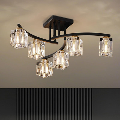 Modern 6-Light Sputnik Ceiling Fixture - Black & Gold Crystal Chandelier