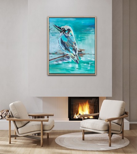 Kookaburra By The Lake Original Modern Australian Bird Acrylic Canvas Painting - Picture 3 of 4