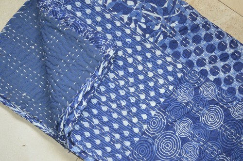 Indigo Blue Cotton Barmier block Kantha Quilt Indian Blanket Size King ! - Picture 3 of 8