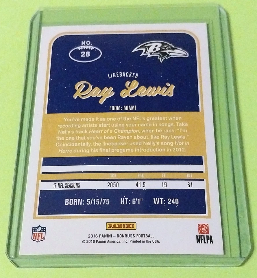 2016 Panini Donruss Ray Lewis #28 Card NFL Baltimore Ravens - Image 2 of 2