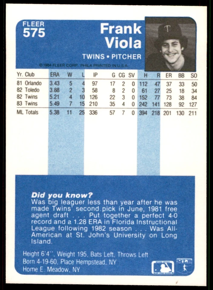 1984 FLEER FRANK VIOLA . MINNESOTA TWINS #575 - Image 2 of 2