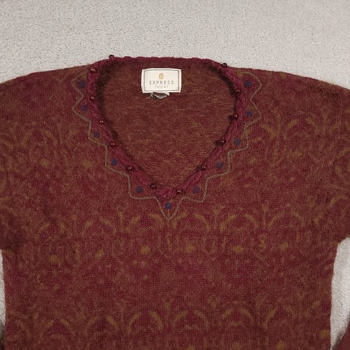 Vtg Express Tricot Knit Mohair Wool Blend Sweater Women's Medium Burgundy Beige - Picture 3 of 13