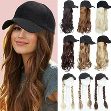 US Women Baseball Cap with Synthetic Wig Long Wavy Full Wigs Hat for Natural Use