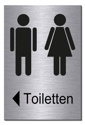 Toiletten mit Pfeil links-Alu-Edelstahl-Optik-Schild-15 x 10 cm-Toilette-WC-Bad