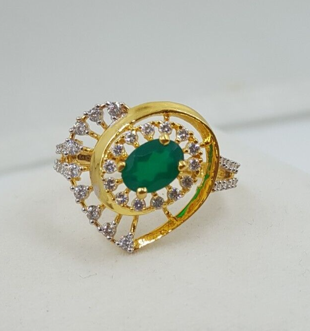 Luxurious 22K Gold Ring CZ Emerald Heart Women Wedding Ring