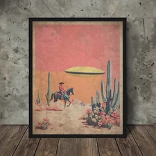 COWBOY UFO ALIEN Wall Art, Sci-fi Western UAP Poster, Cactus Flower Horse Decor