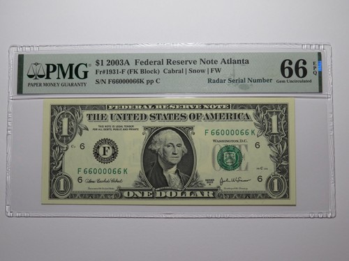 $1 2003 Fancy Radar Serial Number Federal Reserve Currency Note Bill #66000066